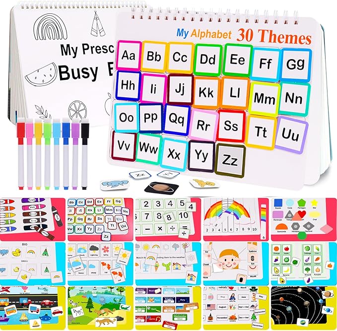HAN-MM Busy Book for Toddlers 3-5, Montessori Busy Book with 30 Themes and 8 Markers, Kids Binder and Early Learning Toys, Preschool Busy Books for Toddlers, Tracing Coloring Book, BusyTots