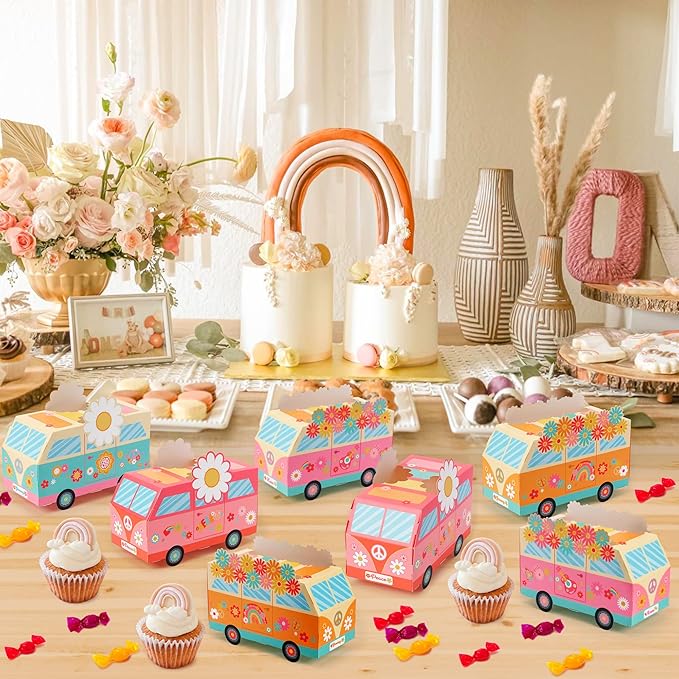 ANGOLIO 12Pcs Groovy Party Favor Boxes Groovy Hippie Peace Bus Centerpiece Birthday Party Decorations Peace Signs Daisies Rainbows for Baby Girls Kids Boho Hippie Birthday Decoration Supplies