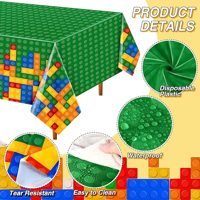 Oudain 4 Pcs Building Block Tablecloths Colorful Building Blocks Birthday Party Decorations 54 x 108 Inch Disposable Plastic Brick Table Cover Waterproof Brick Themed Party Supplies (Red,Green)
