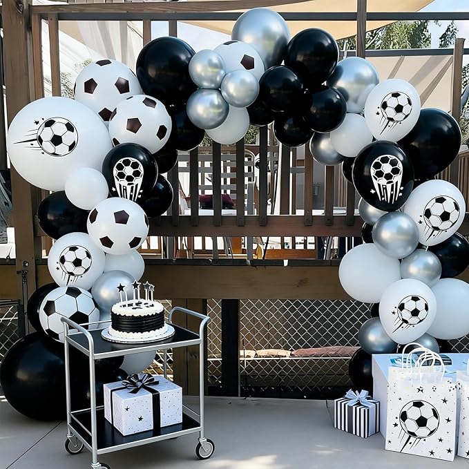 FunHot Soccer Balloons, 50 Pcs Soccer Party Balloon, 12 Inch Black White Silver Football Printed Helium Latex Balloons for Boy Baby Shower Men Birthday Football Sport Themed Game Club Party Decor