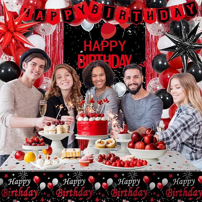 Red and Black Birthday Decorations for Men Women, Red Party Decorations for Boys Girls Happy Birthday Decorations Door Banner, Tablecloth Foil Backdrop Star Balloons for Men Bday Party Supplies