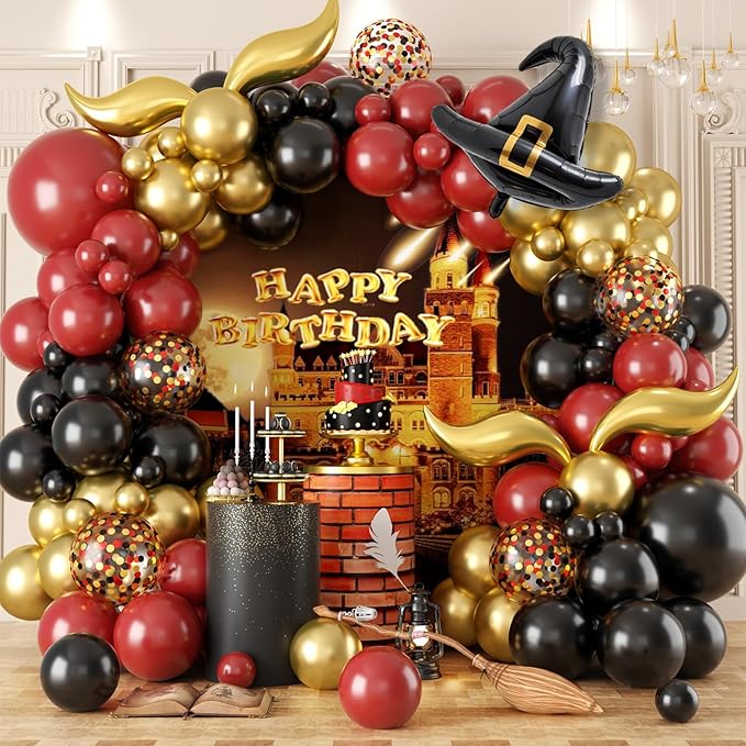 Balloon Garland Arch Kit – Burgundy Black Gold Balloons with Bonus DIY Hat and Wings for Baby Shower Anniversary Graduation Party Supplies