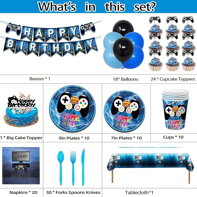 Video Game Party Decorations Game On Birthday Party Supplies Paper Plate, Napkins Cups, Happy Birthday Banner, Cake Toppers, Balloons, Tablecloths for Video Gaming Level Up Party