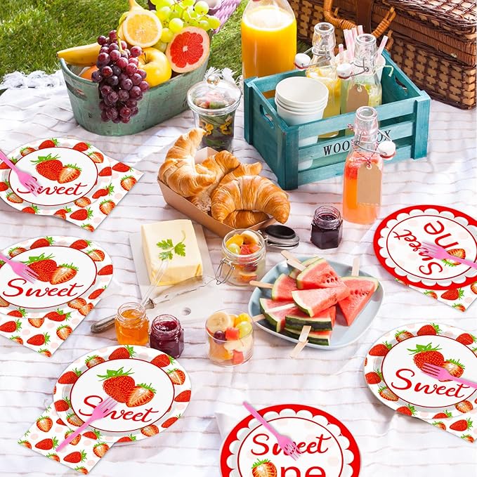 gisgfim 96 Pcs Strawberry Party Supplies - Paper Plates, Napkins, 1st Birthday Tableware Set - Summer Sweet Berry Decorations for Kids - Serves 24