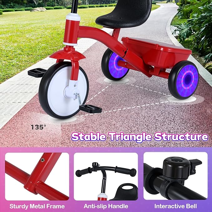 BABY JOY Toddler Tricycle, Kids Trike with Glowing Rear Wheels, Adjustable Seat, Detachable Pedals & Storage Box for Boys and Girls Indoor Outdoor Riding, Baby Balance Bike for 3-5 Years Old (Red)