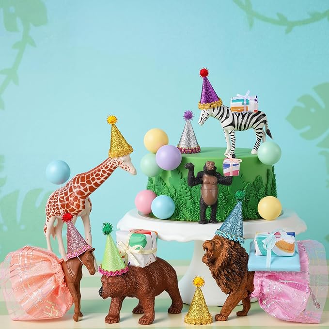 Weysat 41 Pcs Jungle Animals Cake Topper Figures Birthday Party Decorations with Mini Hat and Skirt, Colorful Balls, Jungle Toppers Decoration with Gift Boxes for Wild Animals Themed Party(Forest)