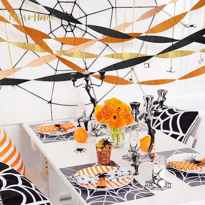 Thanksgiving Party Decorations, 8 Rolls Black Orange Gold Crepe Paper Streamers, Paper Tassels Party Streamer for Fall Autumn Thanksgiving Day Halloween Party Decoration