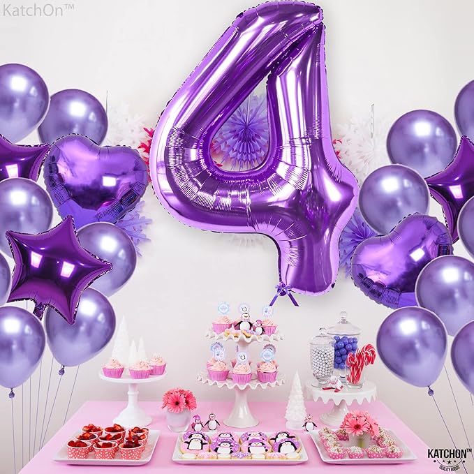 KatchOn, Giant Purple 4 Balloon Number - 40 Inch | Purple Number 4 Balloon, Mermaid 4th Birthday Decorations for Girls, Women | 4th Birthday Balloons | 4th Happy Anniversary Decorations