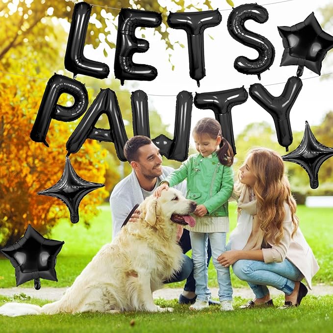 Lets Pawty Balloons Banner 16 Inch,Black Dog Birthday Decorations with 4pcs 10 Inch Star Balloons,Paw Foil Letter Balloon for Dogs Paw Pet Puppy Theme Party Supplies