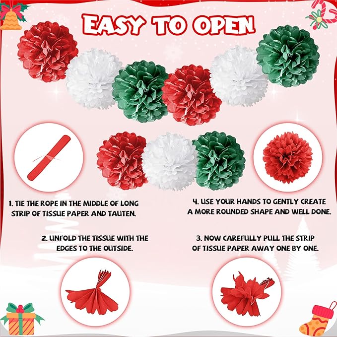 Red Green Christmas Decorations,Merry Christmas Decor Banner Paper Pompoms Fringe Curtain Backdrop Xmas Foil Balloons Latex Balloon for Indoor Outdoor Decorations