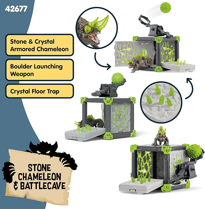 Schleich Eldrador Creatures - 34 PC Stone Battle Cave with Chameleon Toy Playset - Lizard Figurine for Boys and Girls with Expandable Fortress - Interactive, Imaginative Play for Kids Ages 7+ | 42676