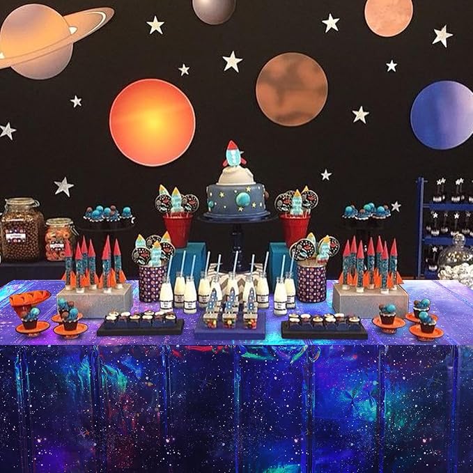 3Pcs Iridescent Space Tablecloths, Disposable Plastic Purple Galaxy Table Cloth Rectangle Table Covers for Space Starry Night Star Theme Party Birthday Party Decorations, 54x108 Inch