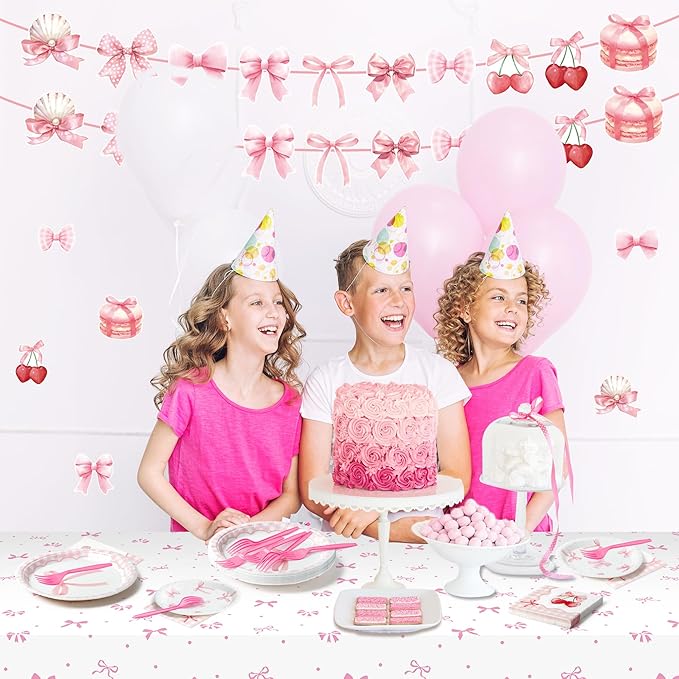 Coquette Pink Bow Party Decoration Set - Serves 24- 112Pcs Bowknot Bachelorette Bridal Themed Tableware Disposable Plate Napkin Tablecloth Banner Card for Birthday Party Supplies