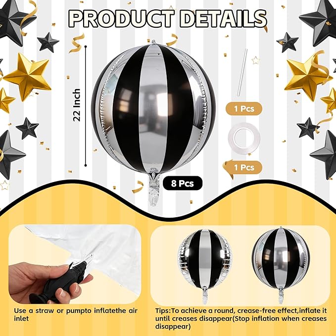 TONIFUL 8Pcs 22Inch Large Black Silver 4D Giant Round Foil Balloon 4D Metallic Mylar Sephere Balloons for Christmas New Year Birthday Party Graduation Wedding Bridal Shower Decoration Supplies