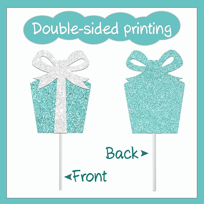 Breakfast Blue Cupcake Topper Teal Blue and Silver Bow Birthday Cupcake Pick 24Pcs Glitter Diamond Princess Cake Decorations for Teal Blue Bridal Shower Wedding Party Supplies
