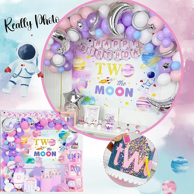 Two the Moon Birthday Decorations Girl, Outer Space 2nd Birthday Party Decorations, Two the Moon Backdrop Cake Cupcake Topper Balloon Garland Two Years Old Girl Party Supplies Kit Moon Themed for Girl