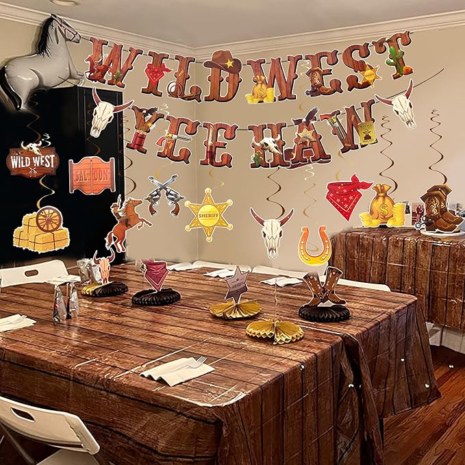 Western Cowboy Party Decorations Wild West Banner Brown Wood Tablecloth Western Hanging Swirl Decorations for Cowboy Birthday Party Supplies (4, Brown, Large)