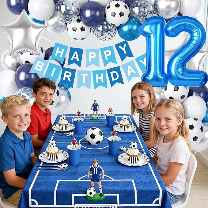 12th Soccer Birthday Party Decoration for Boys, 12th Soccer Party Decoration with Blue White Silver Balloons 'HAPPY BIRTHDAY' Banner 32in Foil 12 Balloon for Boy Kids Baby Shower Decor