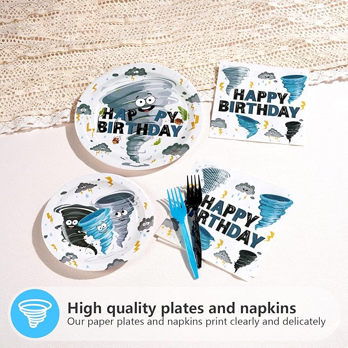 Grencian 96Pcs Tornado Birthday Party Decorations Blue Grey Tornado Birthday Plates and Napkins Disposable Paper Tableware for Boys Girls Kids Baby Shower Party Supplies, Serves 24