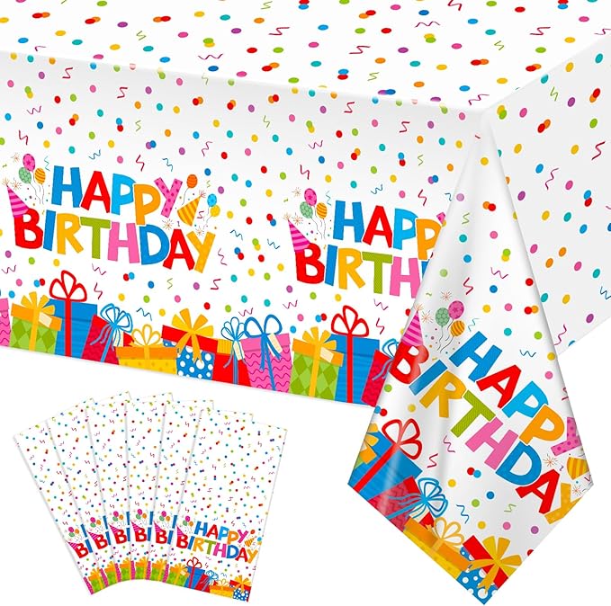 6 Pack Plastic Birthday Tablecloth, 54 x 108 Inch Disposable PE Happy Birthday Party Tablecloths Waterproof Rectangle Party Table Cover for Birthdays Parties Decor