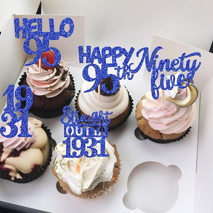 30 PCS 95th Birthday Cupcake Toppers Glitter Ninety Five Happy 95 Straight Outta 1931 Cupcake Picks for Cheers to 95 Fabulous 95th Birthday Anniversary Party Cake Decorations Supplier Blue