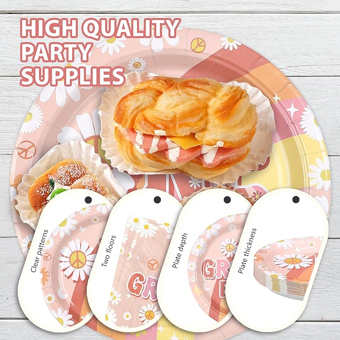 96Pcs Groovy One Birthday Party Decorations Boho Groovy 1st Birthday Plates and Napkins Tableware Set Daisy Flower Rainbow Boho Decorations for 1 Year Old Baby Shower Gender Reveal Supplies Serves 24