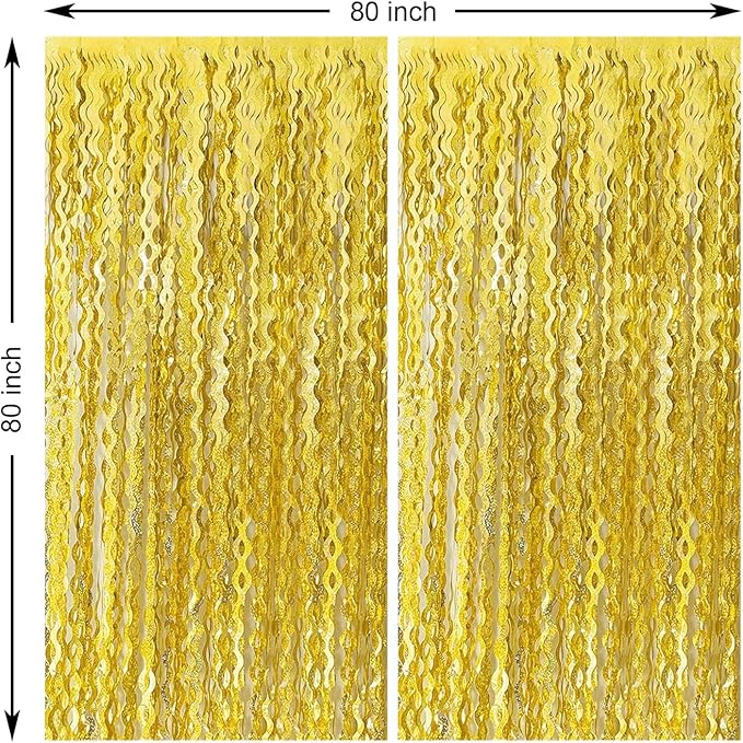 2 Pack Gold Wavy Foil Fringe Curtains, 3.3x6.6 Ft Metallic Tinsel Wavy Backdrop Party Decorations Door Gold Streamers for Birthday Wedding Engagement Decor,Party Supplies