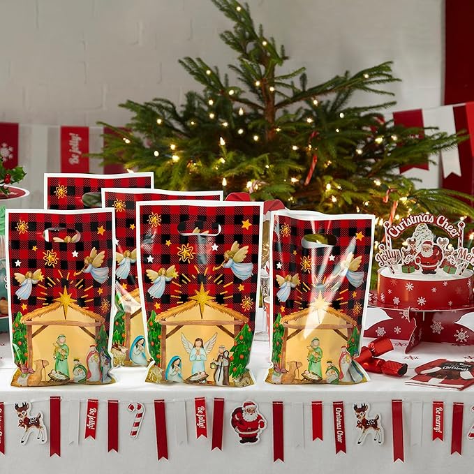 50Pcs Christmas Nativity Christian Party Favor Bags, Jesus Cardinal Buffalo Plaid Goodies Gift Bags, O Holy Night Themed Party Decorations for Christmas Birthday Supplies