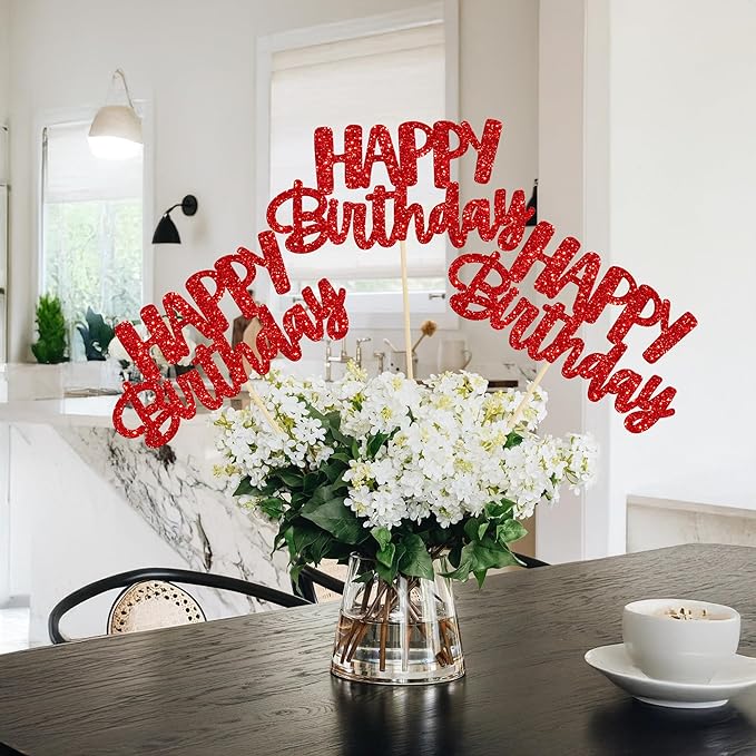 Gyufise 12Pcs Happy Birthday Centerpieces Sticks Double Sided Glitter Birthday Party Decorations Anniversary Table Flower Centerpiece for Celebrating Party Supplies Red