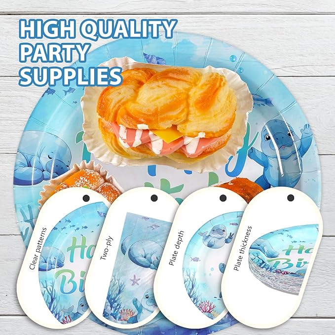 96Pcs Manatee Birthday Decorations Blue Under the Sea Plates and Napkins Ocean Animal Theme Decorations Favors for Kids Sea Ocean Marine Creature Birthday Baby Shower Party Supplies Serves 24