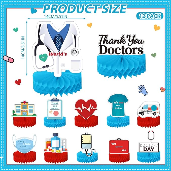 36 Pcs Doctor's Day Appreciation Decoration Thank You Doctor Table Honeycomb Centerpieces Appreciate Hanging Swirls Banner for National Doctors' Day Medical Students Party Supplies