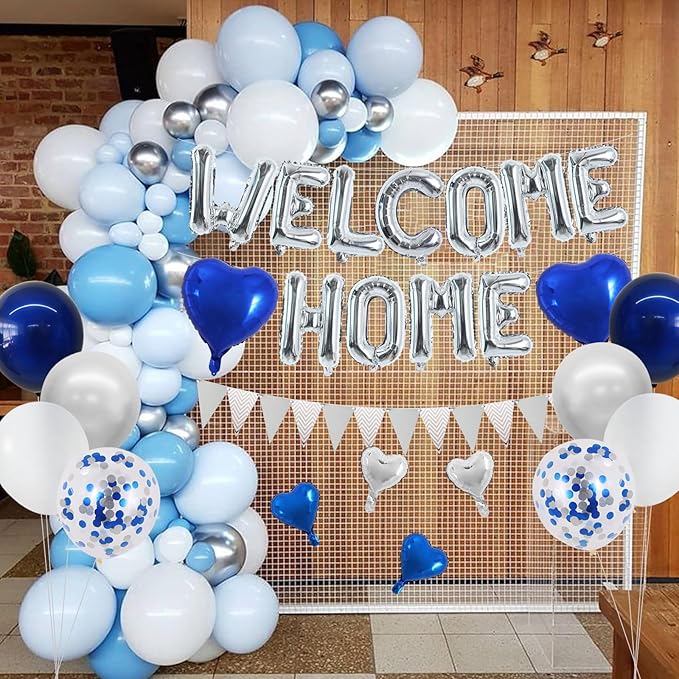 TONIFUL Welcome Home Decorations,16 Inch Silver Welcome Home Foil Balloon Banner Blue Silver Confetti Balloons Pennant Flag Bunting for Homecoming Party House Warming Party Family Gathering Supplies