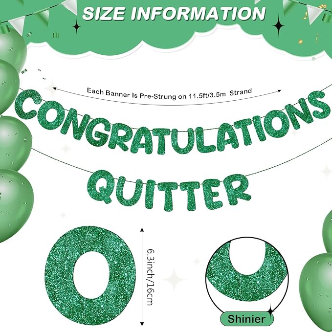 Fulmoon Pre Strung Congratulations Quitter Glitter Banner Funny Retirement Banner Graduation Party Decorations Going Away Supplies Garland for Men Women Gifts, No DIY(Green)