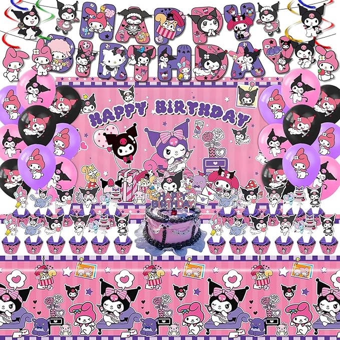 Kuromi Birthday Party Supplies, Party Decorations Set Include Banner, Backdrop, Balloons, Hanging Swirls, Cake Cupcake Toppers, Tablecloth for Girls Kuromi Theme Party