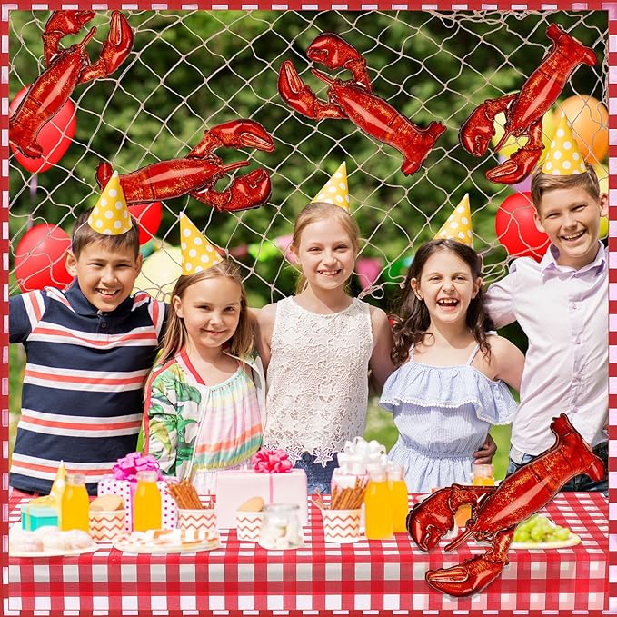 6 Pcs Crawfish Boil Party Supplies Includes Lobster Balloons Crawfish Tablecloth Fish Net Decorative Aluminum Foil Balloons for Nautical Themed Birthday Party Decoration