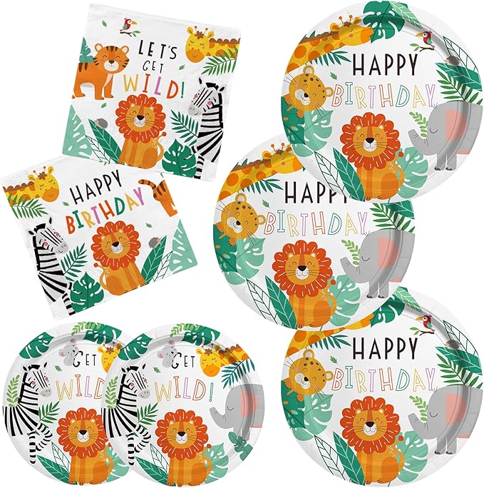 Gatherfun Safari Birthday Party Supplies Jungle Disposable Paper Plates Napkins for Safari Jungle Theme Birthday Decorations, Serve 50