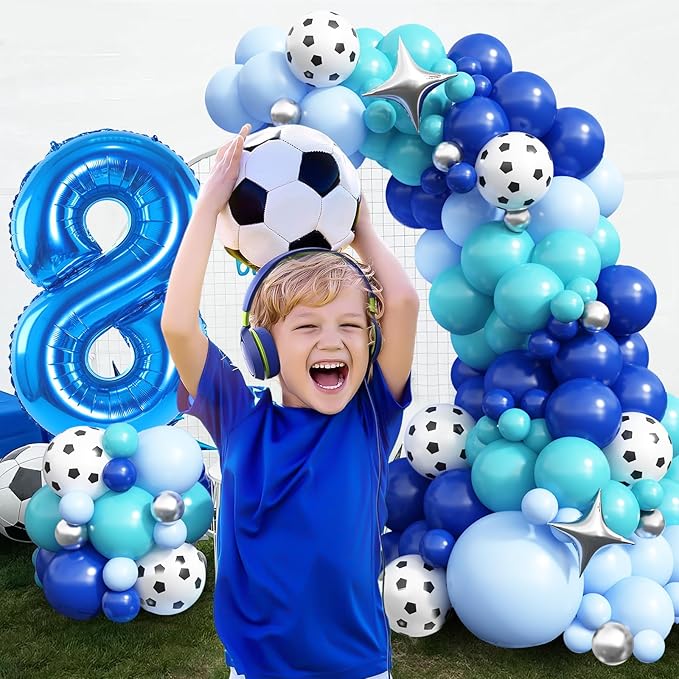 Soccer 8th Birthday Party Supplies - Arch Kit with 40 Inch Number 8 Balloon, Football Foil Balloon, Royal Teal Blue Balloons for Boys 8th Birthday Decoration