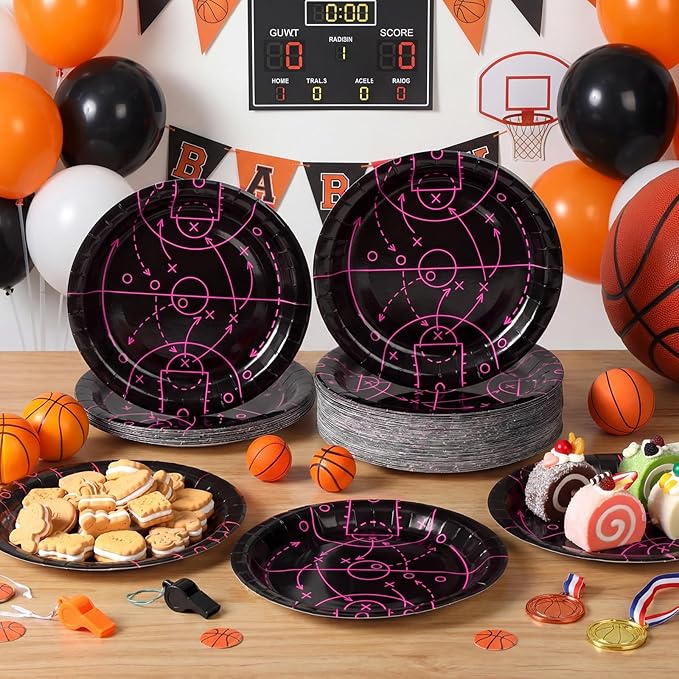 Qinyoung 100 Pcs Basketball Paper Plates 9" Disposable Birthday Party Plates Dinner Dessert Tableware Supplies for Basketball Sports Themed Birthday Game Day Party Decorations, Serves 50(Black,Pink)