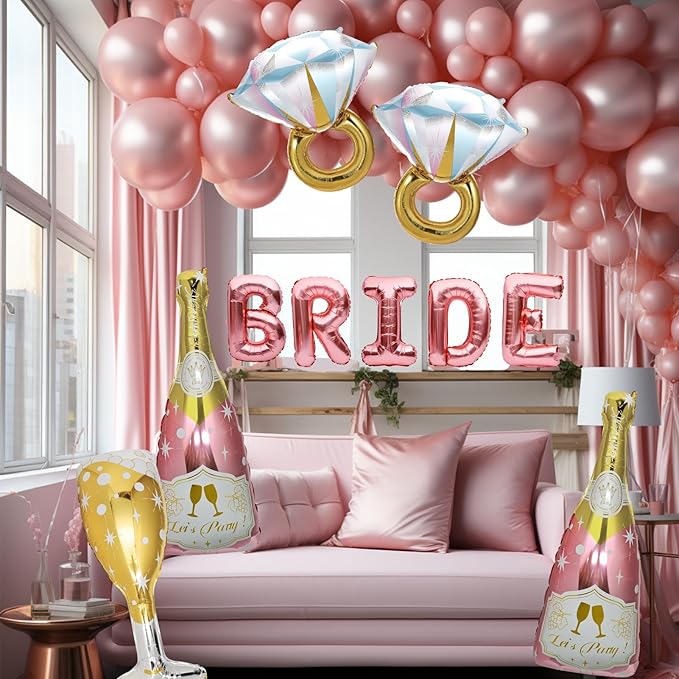 9 Pcs Bride Balloons, Huge Rose Gold Champagne Bottle Goblet Aluminum Foil Balloons for Birthday, Bachelorette, Bridal Shower, Wedding, Anniversary, Engagement Party Decorations Supplies