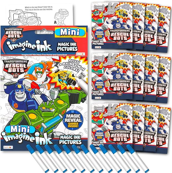 Bendon Transformers Rescue Bots Imagine Ink Coloring Book Set - 12 Pack No-Mess Magic Ink Coloring Books featuring Rescue Bots and More (Transformers Favors)