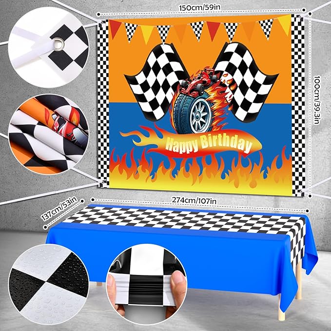 131 Wheels Race Car Birthday Party Decorations Supplies, Racing Red Blue Yellow Black Balloons Garland Arch Kit Backdrop Tablecloth Checkered Foil Balloons, Boy Kid Girl Cars Party Decor