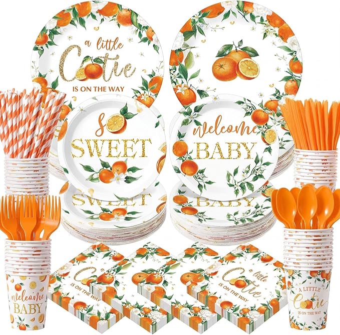 450 Pcs Little Cutie Baby Shower Tableware Set Decorations A Little Cutie is on the Way Paper Plates Disposable Napkins Cups Cutlery Straws for Orange Fruit Birthday Party Supplies, Serves 50