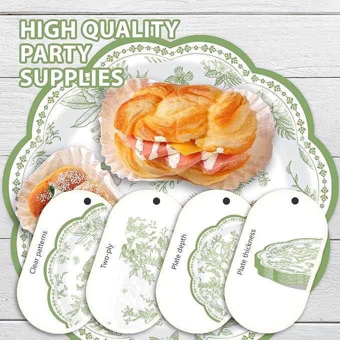 96Pcs Green Hummingbird Flowers Party Supplies Sage Green Bird Floral Plates and Napkins Disposable Vintage Spring Floral Tableware Set for Birthday Picnic Dinner Party Decorations Serves 24