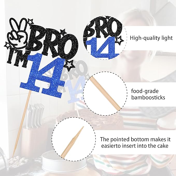 1 PCS Brother I'm 14 Cake Topper Glitter Star Happy 14th Birthday Cake Pick Bro I'm 14 Cake Decoration It's My 14th Birthday Decorations for Boys Cheers to 14 Years Old Birthday Party Supplies Blue