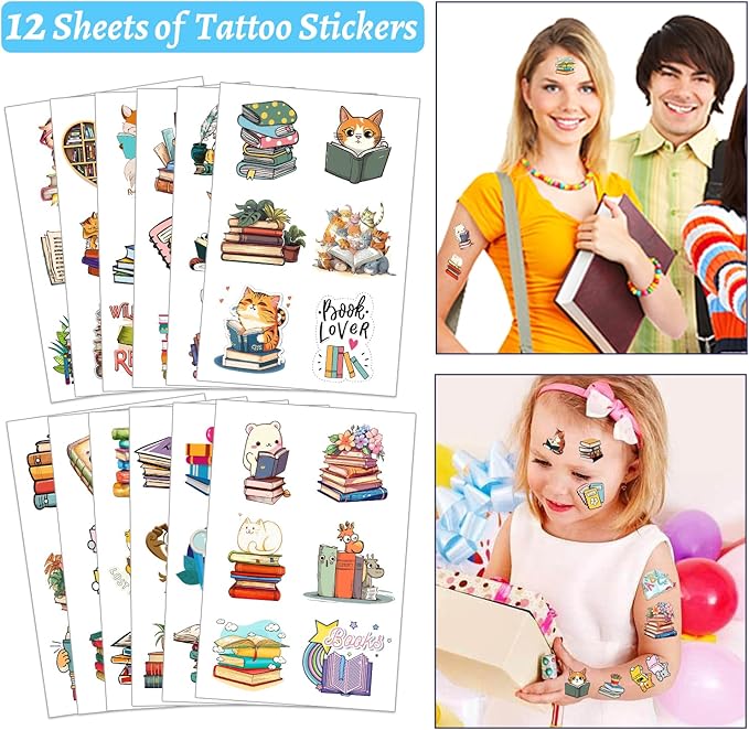 98 PCS Reading Book Party Favors, Reading Book Temporary Tattoos Slap Bracelets Stickers Badges Keychains for Reading Book Birthday Party Decorations Supplies for Book Lovers