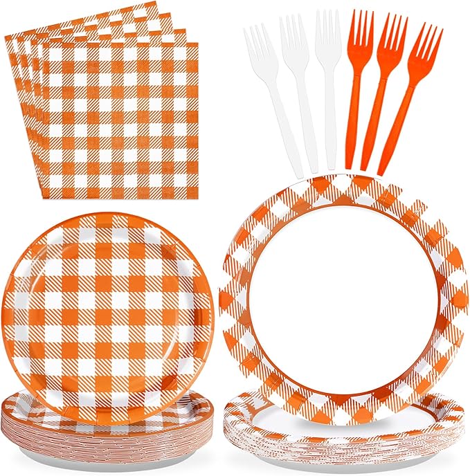 96Pcs Orange Gingham Party Supplies 350GSM Disposable Orange and White Buffalo Checked Paper Plates and Napkins Fall Tableware Set for Thanksgiving BBQ Picnic Baby Shower Birthday Party Decor Serves24