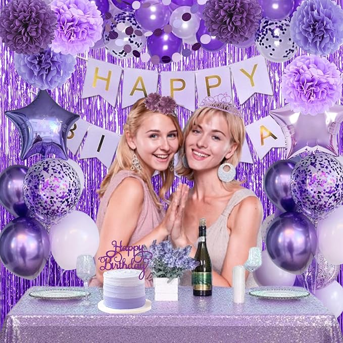 Purple Birthday Decorations, Purple Party Balloons with Happy Birthday Banner Fringe Curtain Paper Pompoms, Circle Garland Decor for Women Men Boys Girls Princess