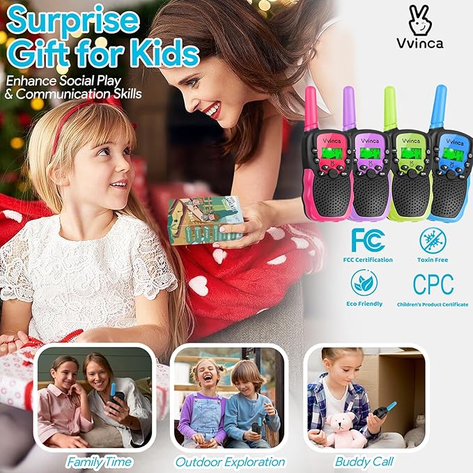Vvinca Walkie Talkies for Kids Rechargeable 4 Pack, 3 Mile Walkie Talkie Long Range, Christmas Birthday Gift for Age 3-12 Boy Girl with Flashlight 22CH 2 Way Radio for Adventure Camping Outdoor Hiking