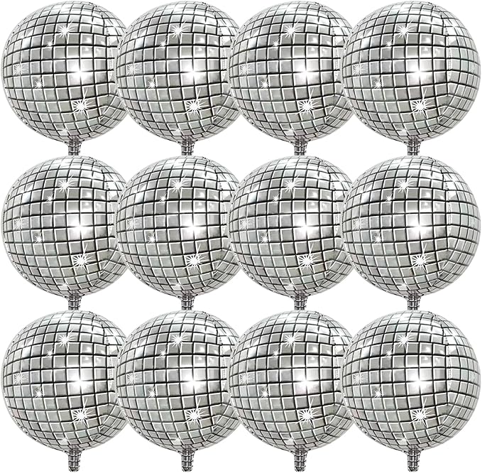 FBQ 12 Pcs Silver Big Disco Balloon 22 Inch 4D Round Balloon for 70s 80s 90s Disco Themed Party Bachelorette Party Decorations Supplies