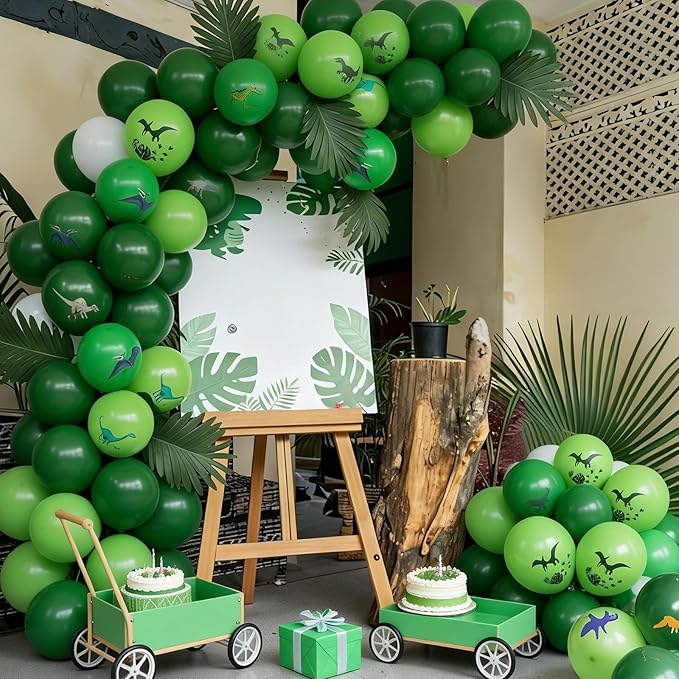 FunHot Dinosaur Balloons, 50 Pcs Dino Printed Balloon, 12 Inch Fruit Green White Latex Balloons, Leaf Printed Transparent Balloon for Boy Baby Shower Birthday Dino Themed Jungle Woodland Party Decor